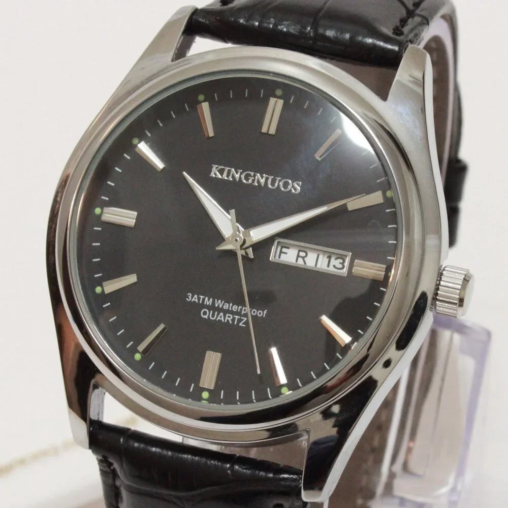 Men's Contemporary Dress Watch Silver Case Black Leather Watch Strap 40mm